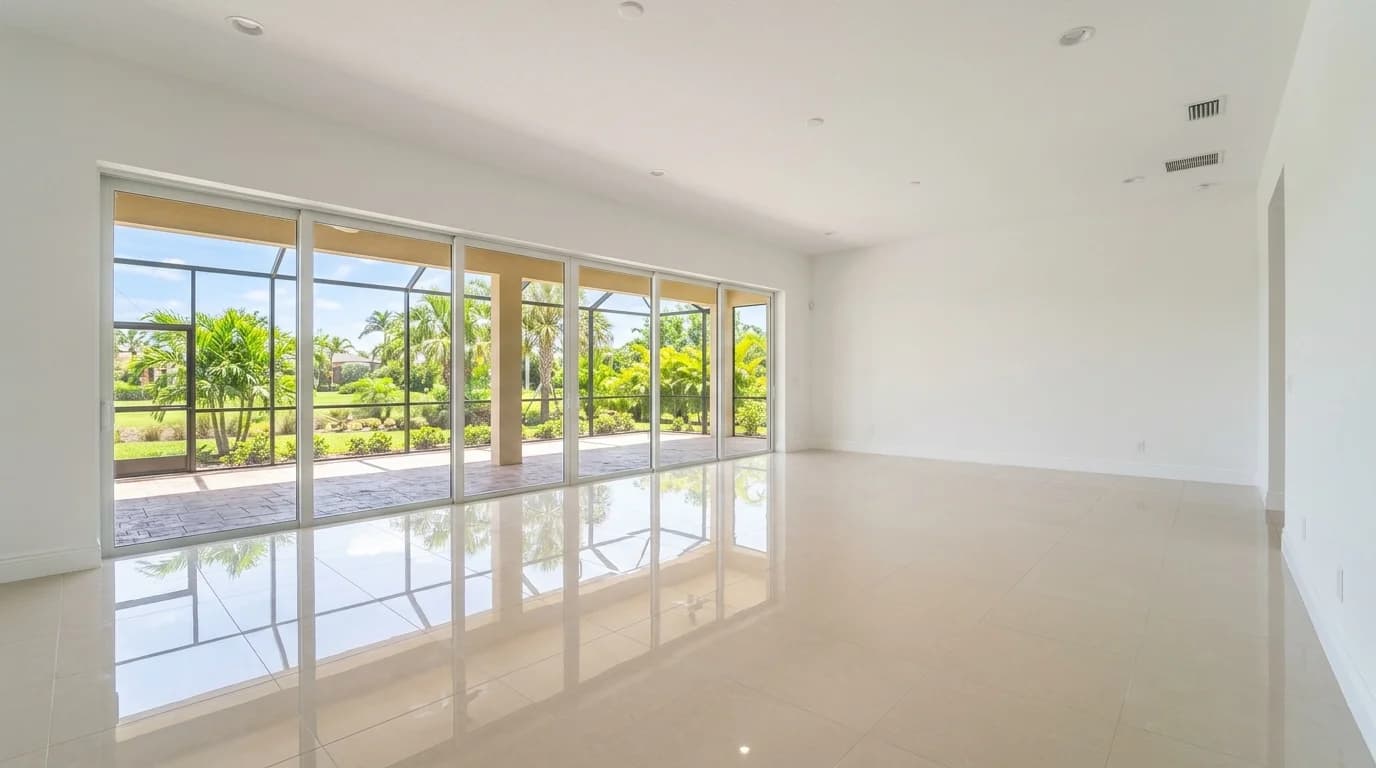 Empty bright living room in a Naples, FL home after a move-out cleaning