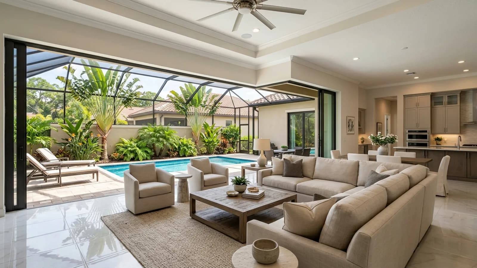 Spacious Florida residence with high tray ceilings and private screened pool courtyard in Bonita Springs, Florida