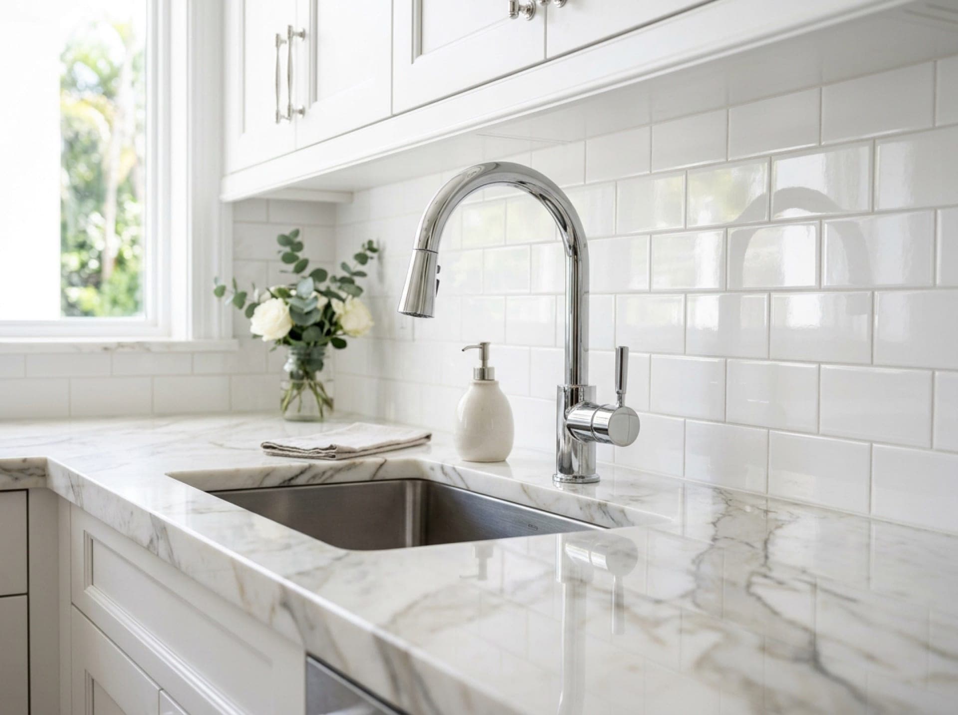 Detailed cleaning and sanitization of luxury kitchen marble surfaces