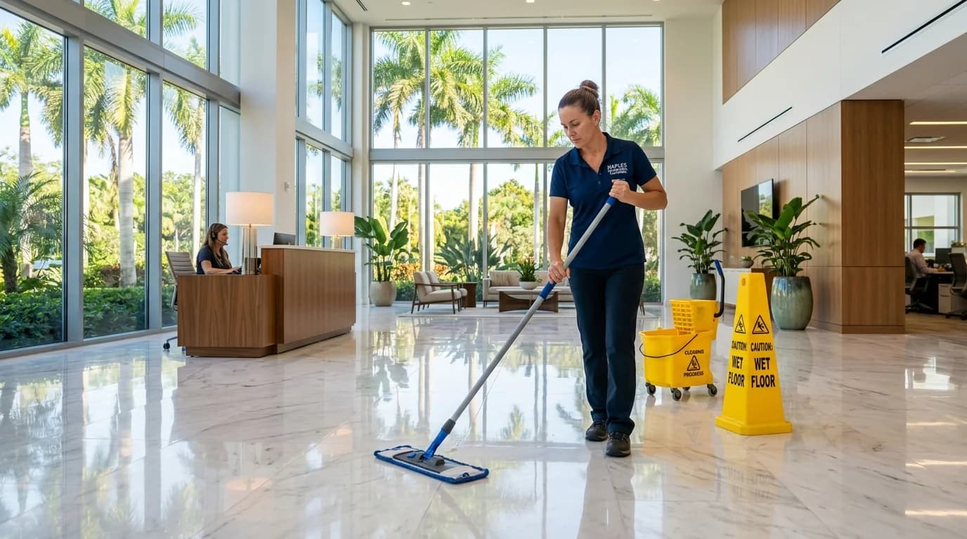Cleaner mopping the floor of a bright office lobby in Naples, FL