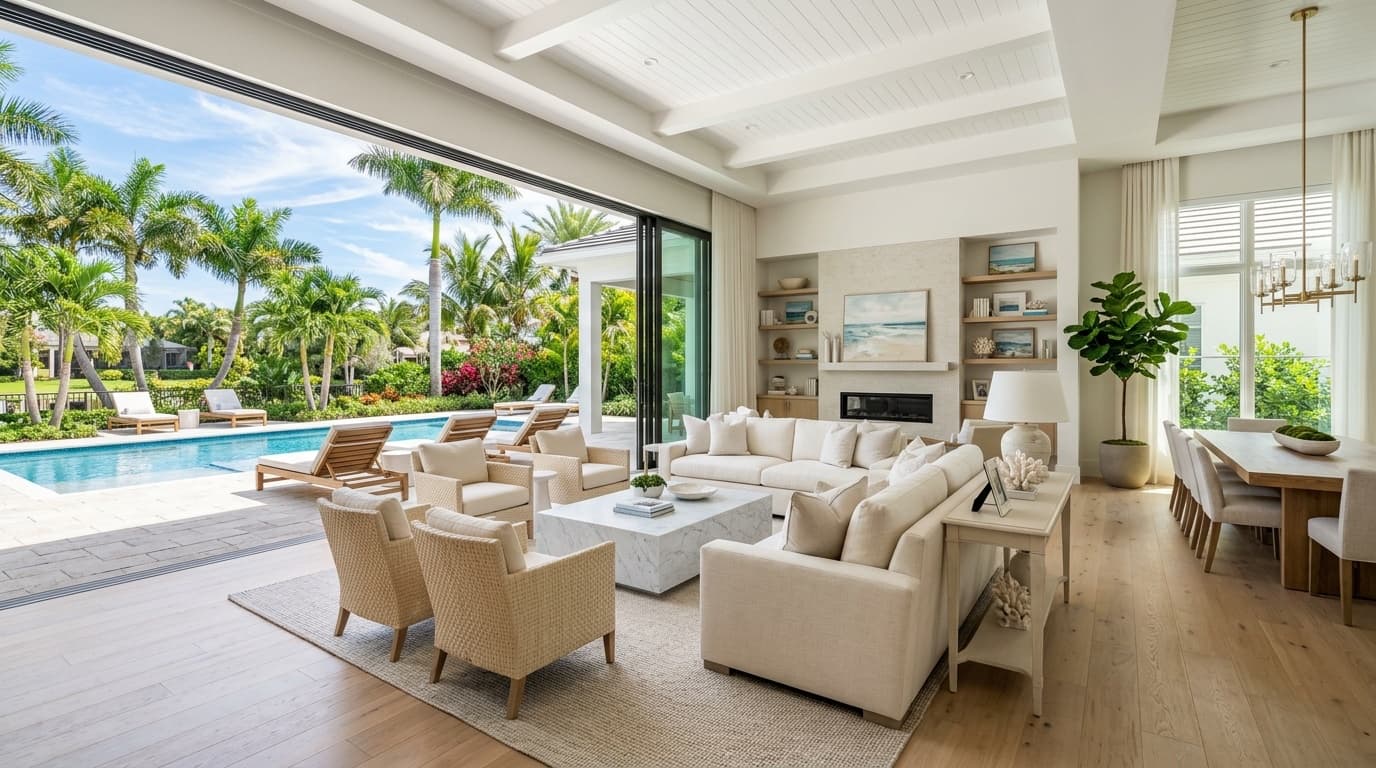 Luxury coastal living room and lanai overlooking private pool in Naples Florida cleaned by Neat Naples