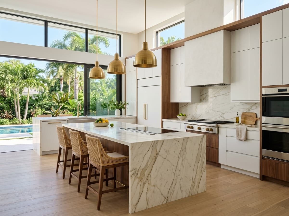 Meticulously cleaned luxury gourmet kitchen with marble waterfall island in Naples Florida