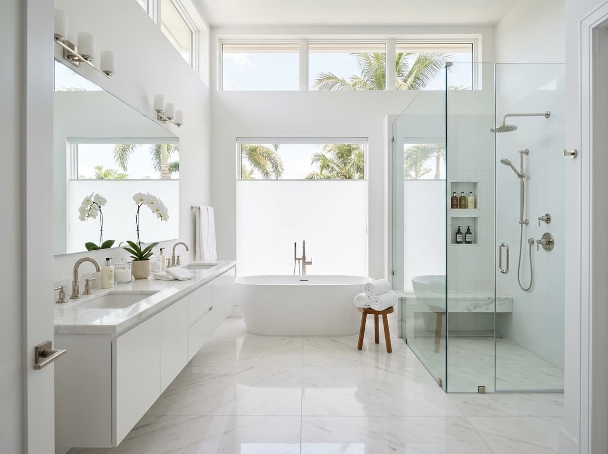Spotless spa bathroom with freestanding soaking tub and polished chrome fixtures cleaned by Neat Naples