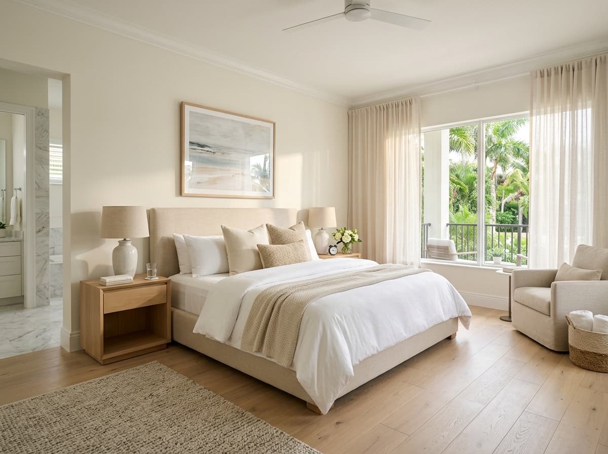 Immaculate vacation rental primary bedroom suite ready for guests in Naples FL