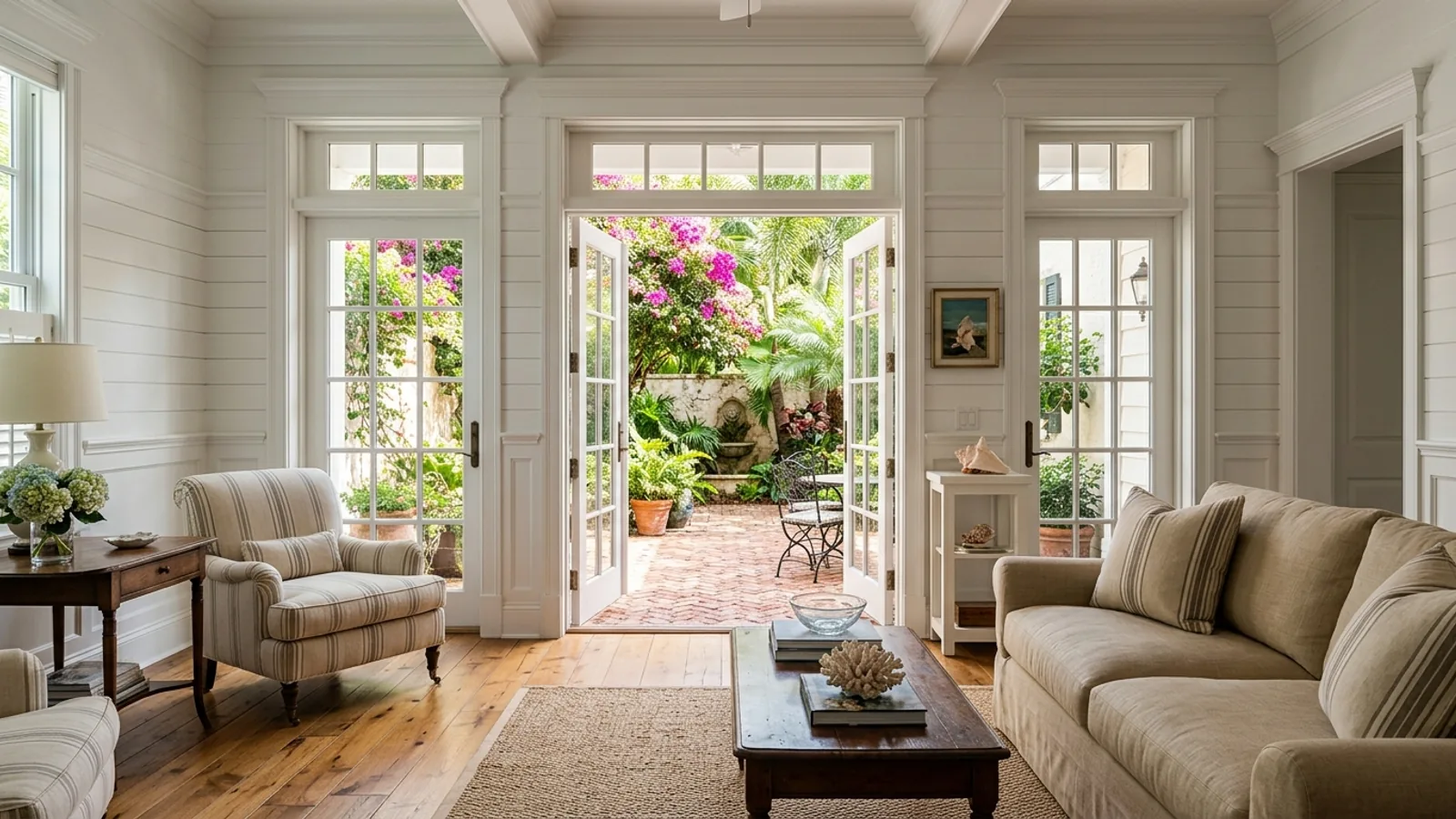 Historic coastal cottage interior with custom shiplap and French doors opening to a private courtyard in Downtown Naples, Florida