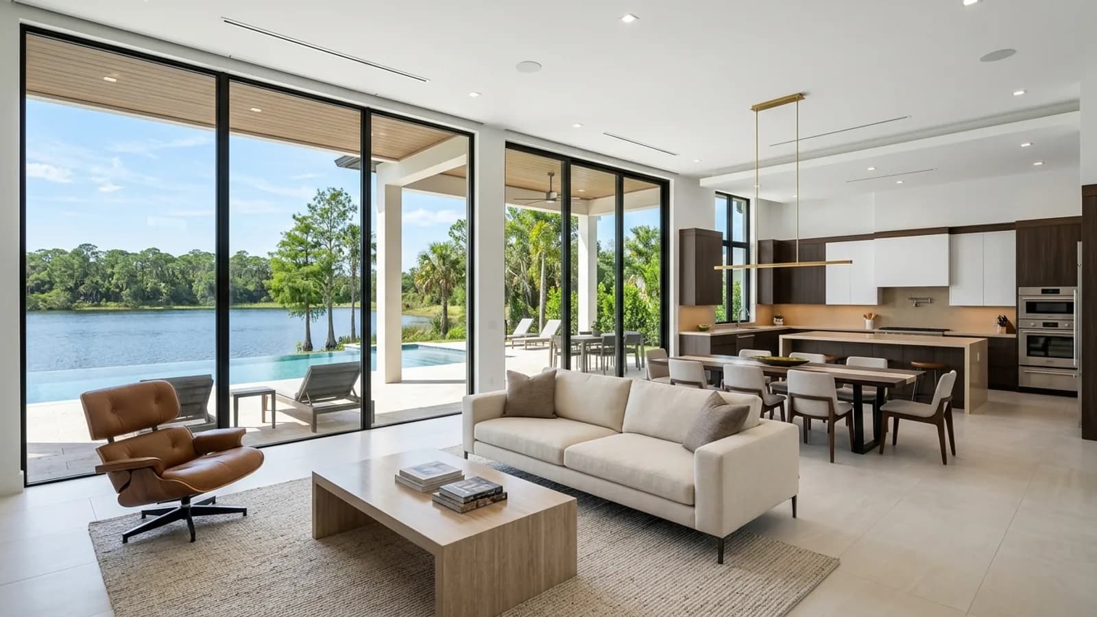 Modern lakefront residence open living space overlooking a quiet freshwater lake in Estero, Florida