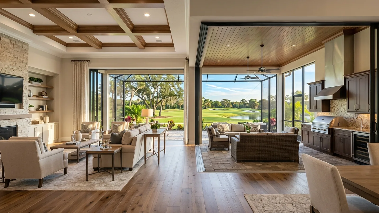 Golf community estate family room and screened outdoor lanai overlooking manicured fairways in Grey Oaks, Naples Florida