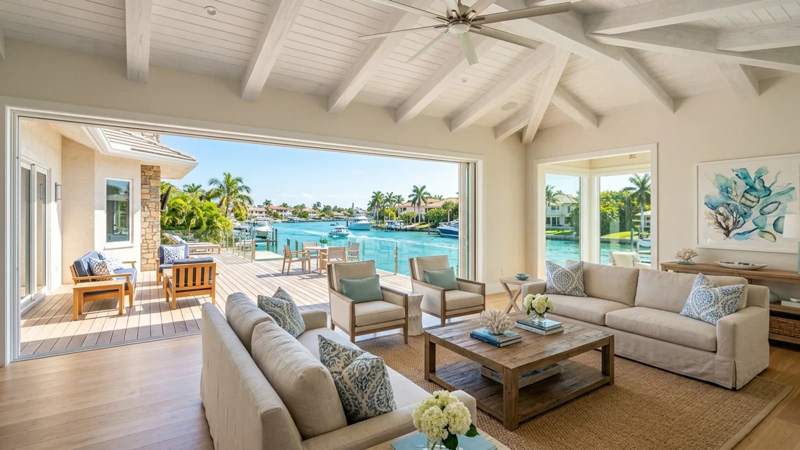 Sunlit coastal residence great room opening to an island canal waterway in Marco Island, Florida