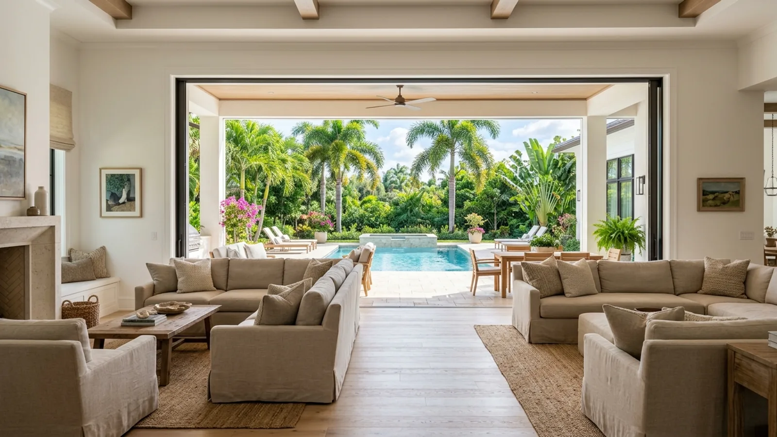 Luxury coastal residence living room opening to a covered pool lanai and palms in Naples, Florida