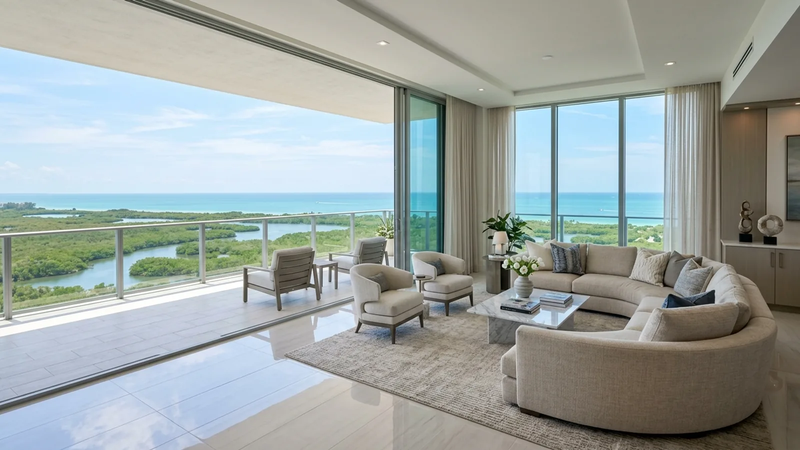 High-rise condominium penthouse living room with elevated coastal and Gulf waters view in Pelican Bay, Naples Florida