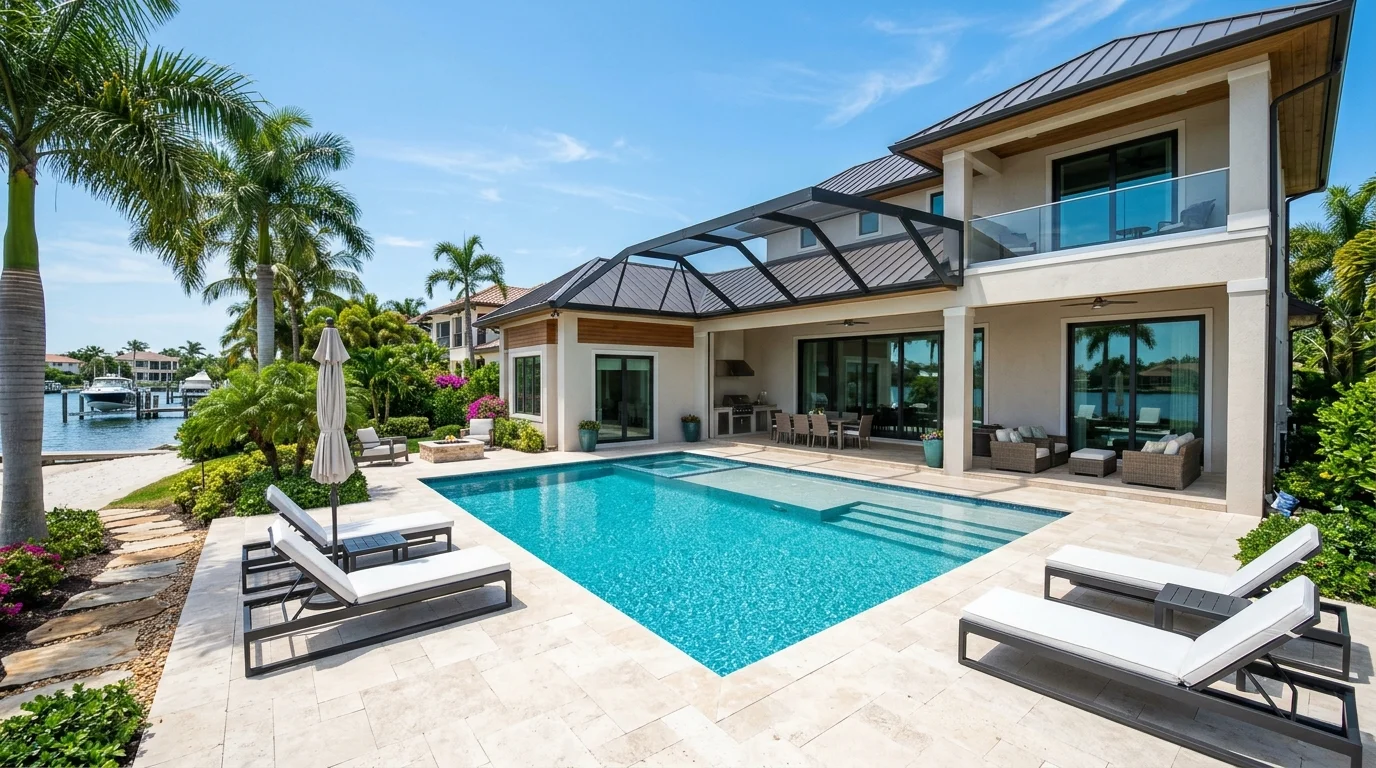 Seasonal luxury residence in Naples, Florida with screened lanai and pool requiring storm and moisture monitoring